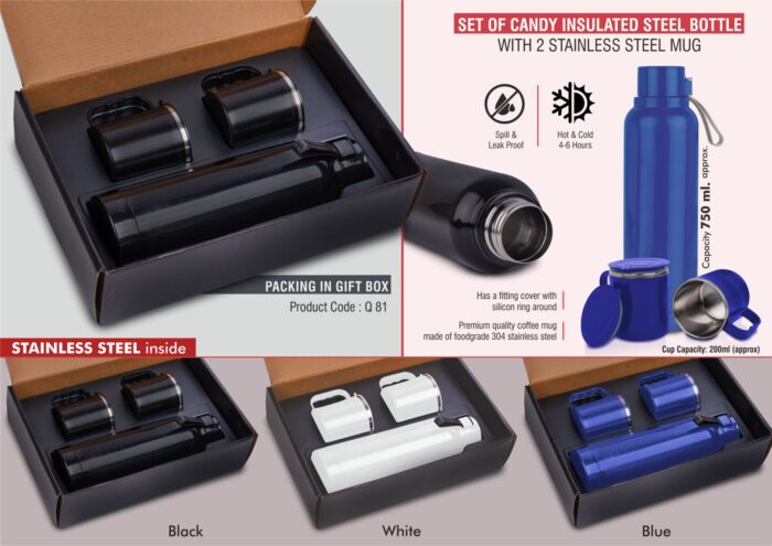 Set of Candy Insulated Steel Bottle with 2 Stainless Steel cups in Gift box | Keeps hot/cold up to 6 hours | Exclusive blister packing
