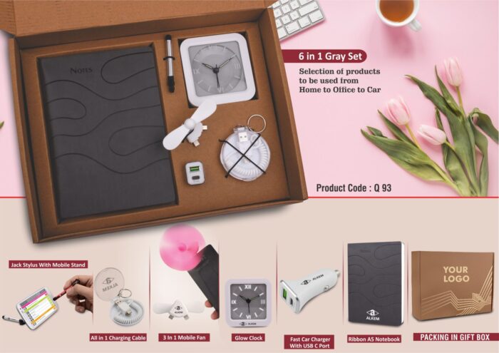 6 in 1 Gray set: Mobile Fan, All in 1 Cable with Keychain, Fast Dual USB Car charger, Jack stylus with phone stand, Glow Clock and A5 PU notebook in Kraft Gift Box