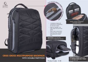Criss Cross Multipurpose Backpack with Double Partition | Hidden phone and Goggle pockets | Separate Shoe Pocket