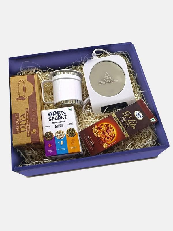Coffee Warmer Induction Plate with SS Mug Set, LED Light Diya Set of 6, Sugarfree Choco Chip Oat Cookies, Assorted Cookies Pack (Festive Set of 4)